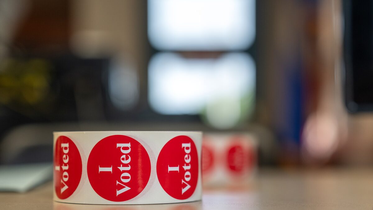 A roll of "I Voted" stickers at the Aitkin Public Library in Minnesota on primary election day, August 2026