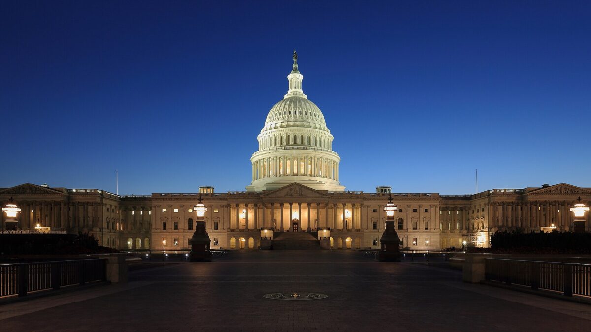 The U.S. Capitol seen from the east at dusk