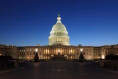 The U.S. Capitol seen from the east at dusk