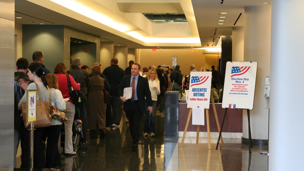 Voters waiting in line near the registration table at an early voting site in Arlington, Virginia, in 2008