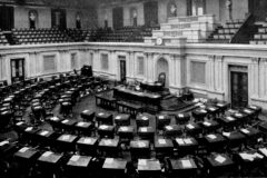 The empty U.S. Senate chamber in a 1921 black-and-white photograph