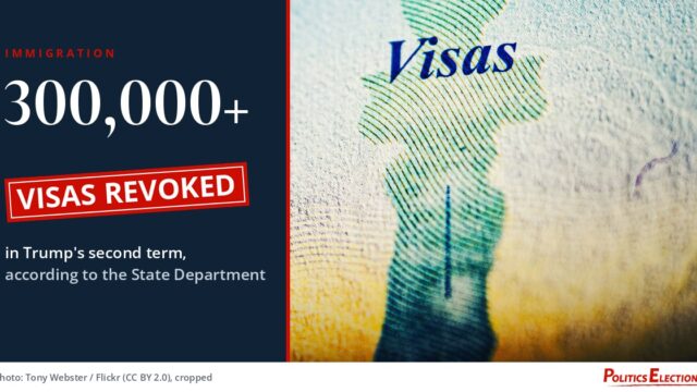 Close-up of the Visas page in a U.S. passport beside the text 300,000+ visas revoked in Trump's second term