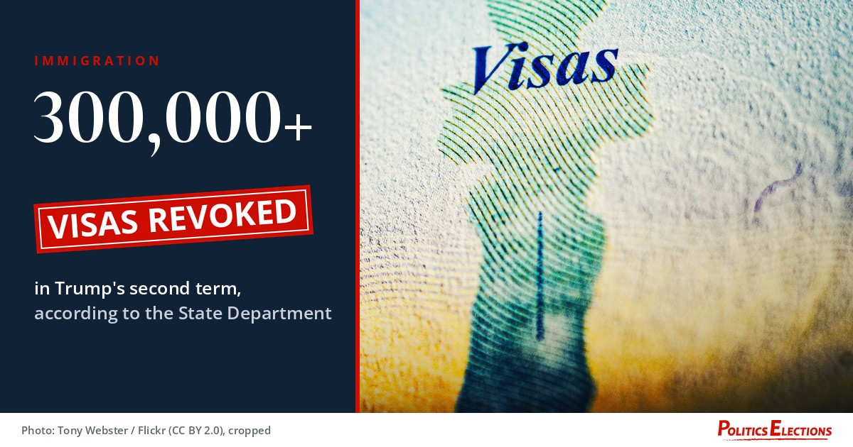 Close-up of the Visas page in a U.S. passport beside the text 300,000+ visas revoked in Trump's second term